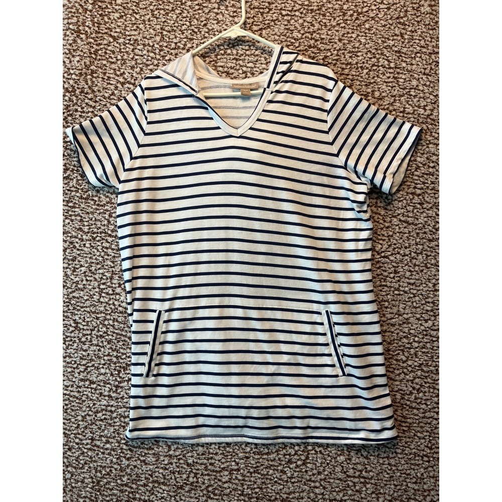 Woman Within Blue Stripe Hoodie 18/20 Beach Cover Up Nautical Pullover Pocket
